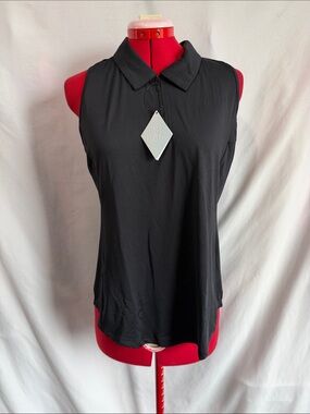Sleeveless Polo Tank with Zip Collar in Black